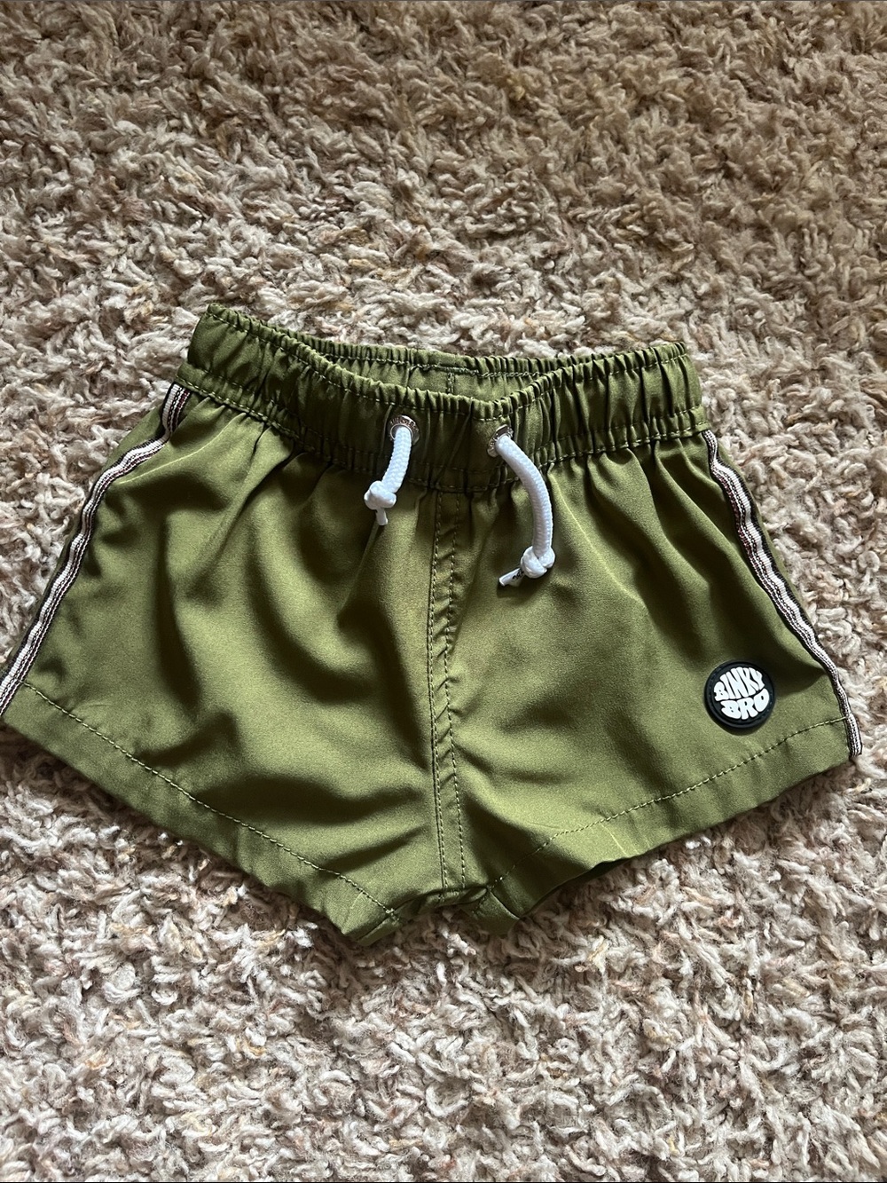 Kids Olive Green Swim Shorts with White Drawcord
